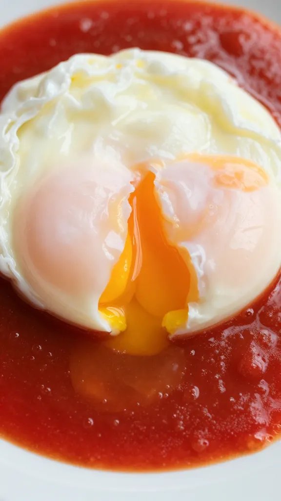 poached egg yolk breaking into red sauce, macro