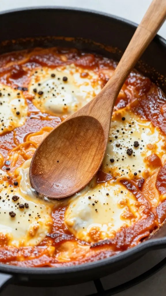 wooden spoon resting in shakshuka skillet, tight crop