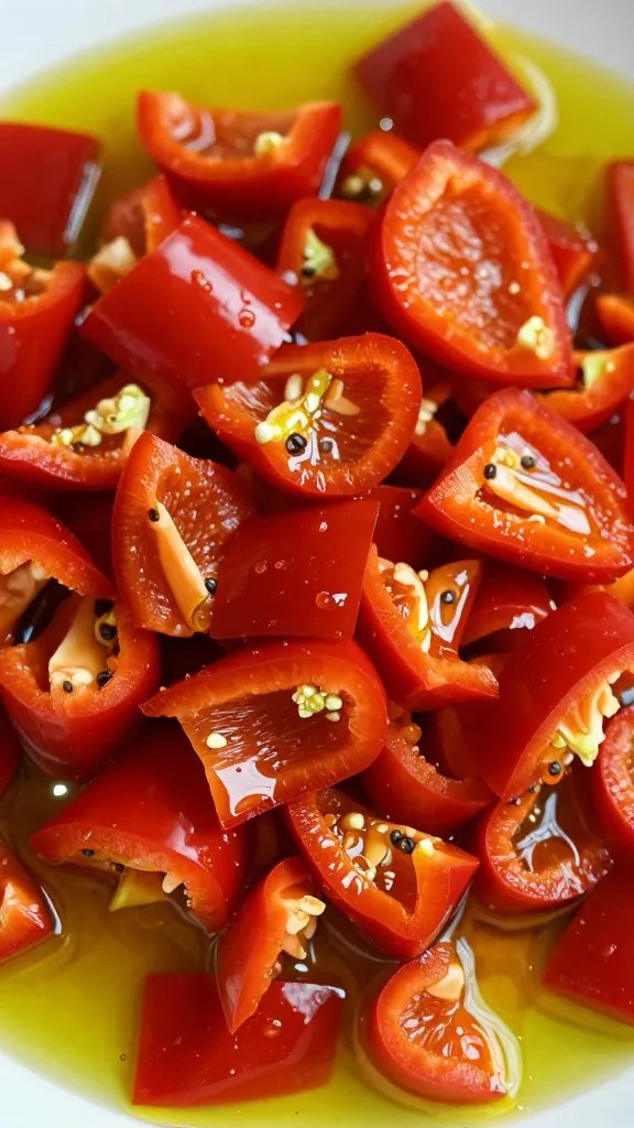 diced red peppers sweating in olive oil, closeup