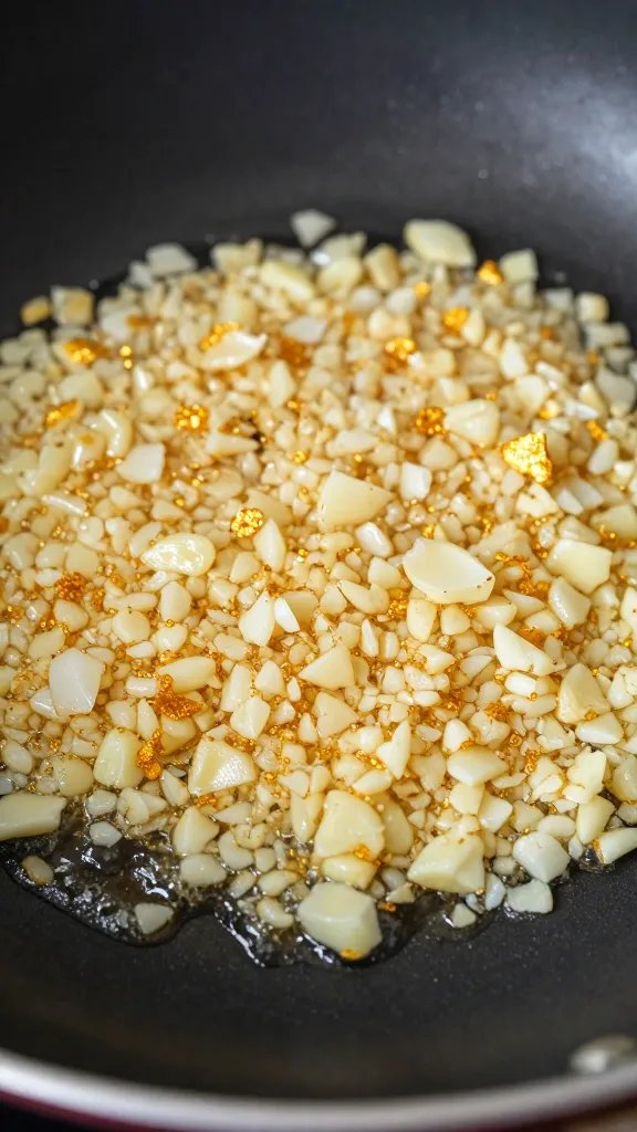 minced garlic sizzling in pan, golden edges, macro