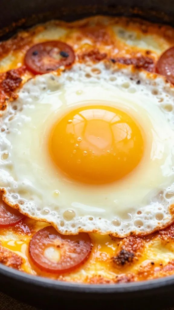 Closeup of single sheet pan shakshuka egg, glossy yolk