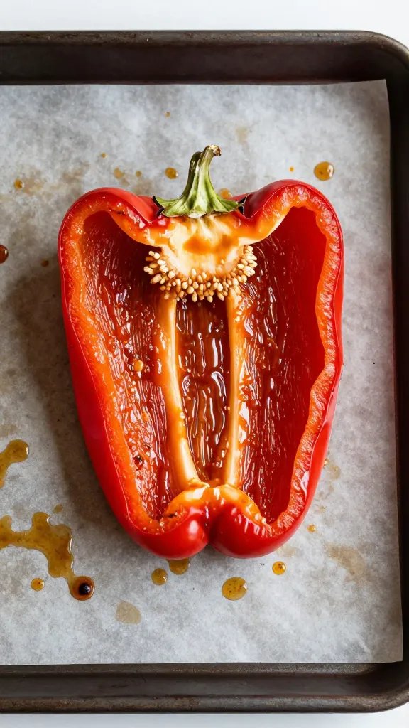 Roasted red pepper slice on sauce-stained sheet pan