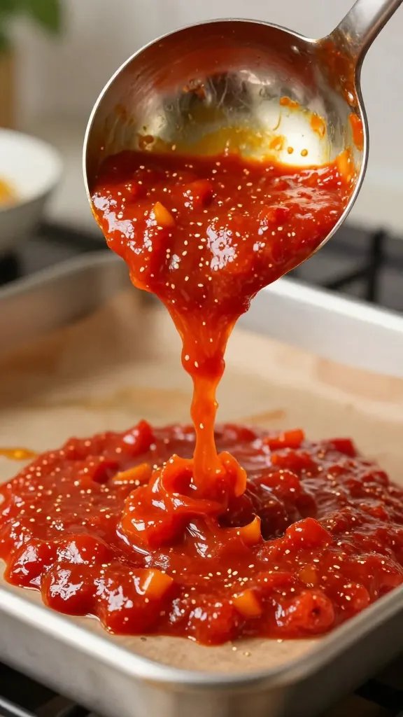 Ladle dripping tomato-pepper sauce over sheet pan