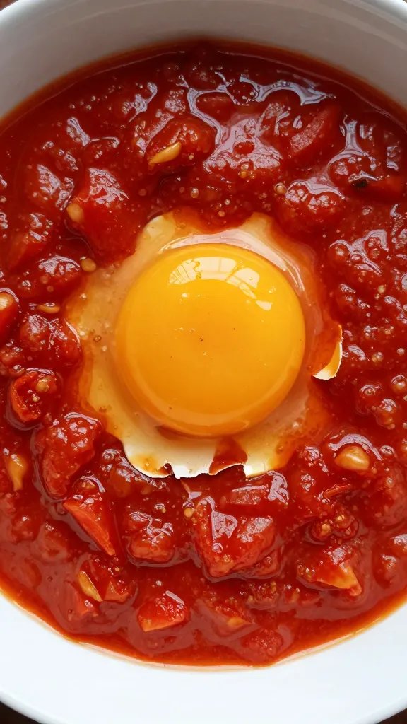 Single cracked egg nestled in paprika-tomato sauce