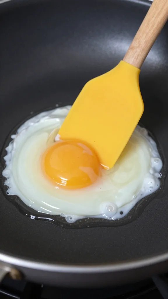 Silicone spatula lifting one poached egg from pan