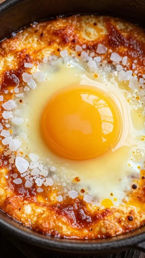 Coarse salt crystals on glossy shakshuka yolk