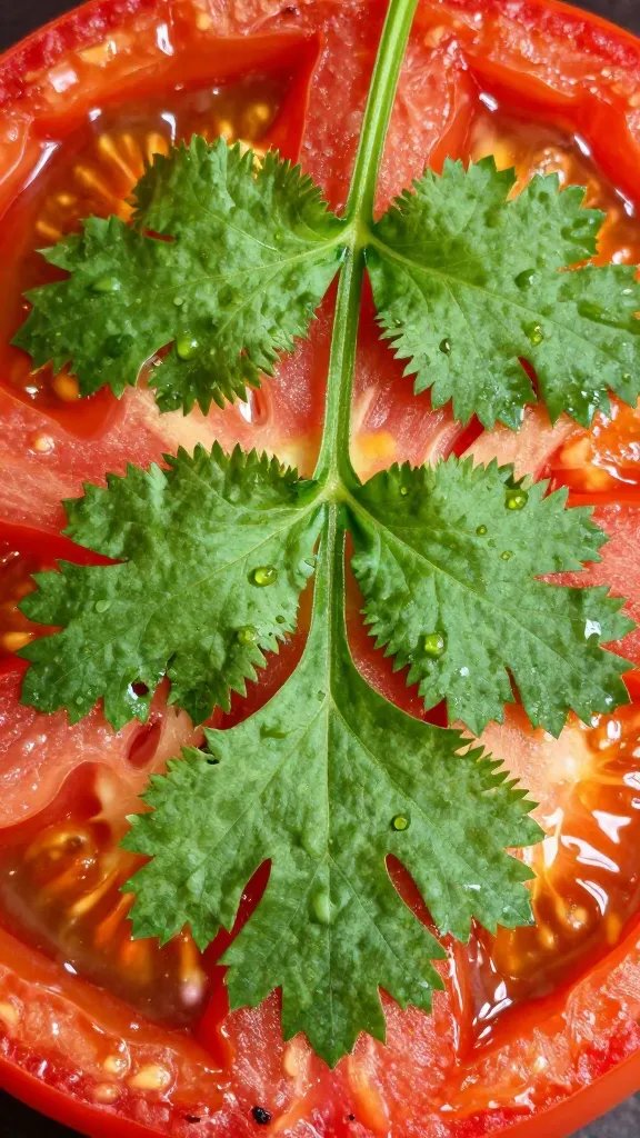Fresh cilantro leaf on roasted tomato surface