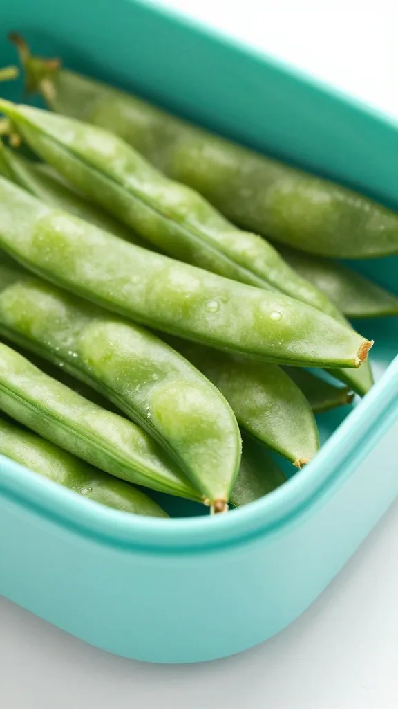 closeup of turquoise bento box corner packed with snap peas