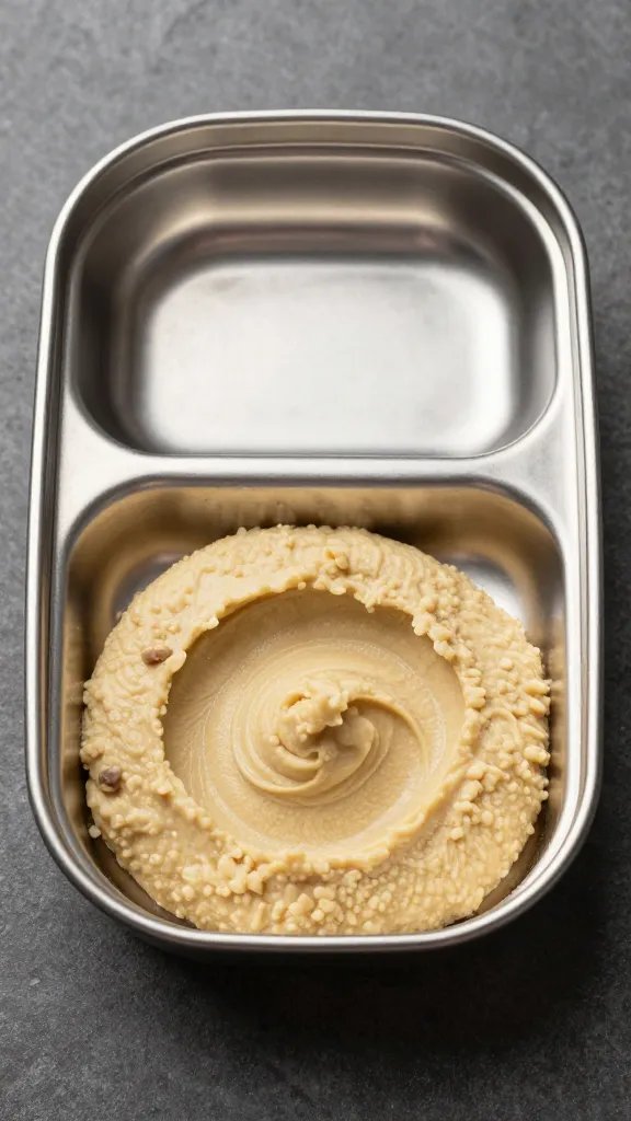 stainless bento tray section with garlic hummus swirl