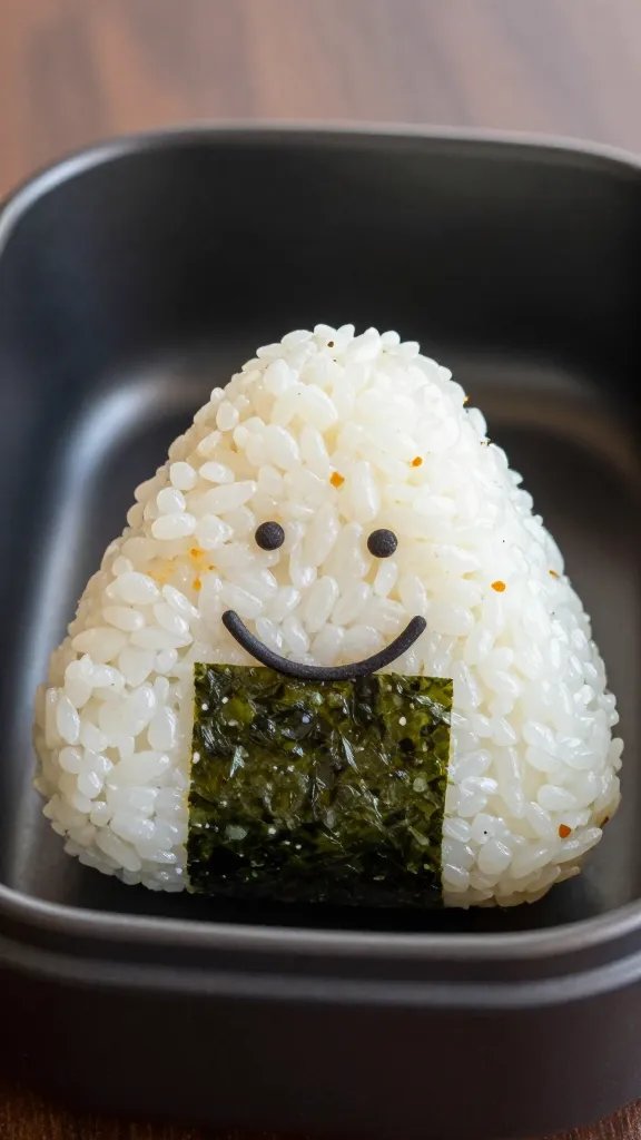 single rice ball with nori smile in bento compartment