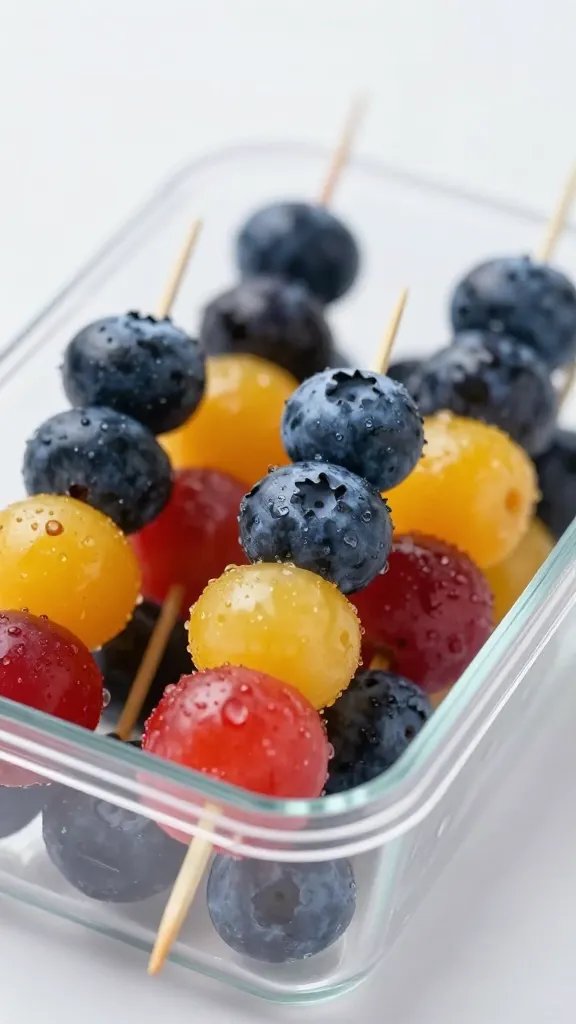 small container of rainbow fruit skewers, tight focus on blueberries