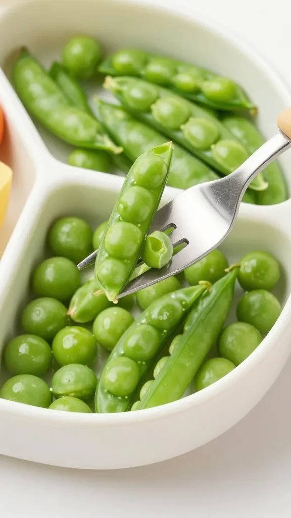 kid-sized fork spearing crunchy sugar snap pea over bento tray