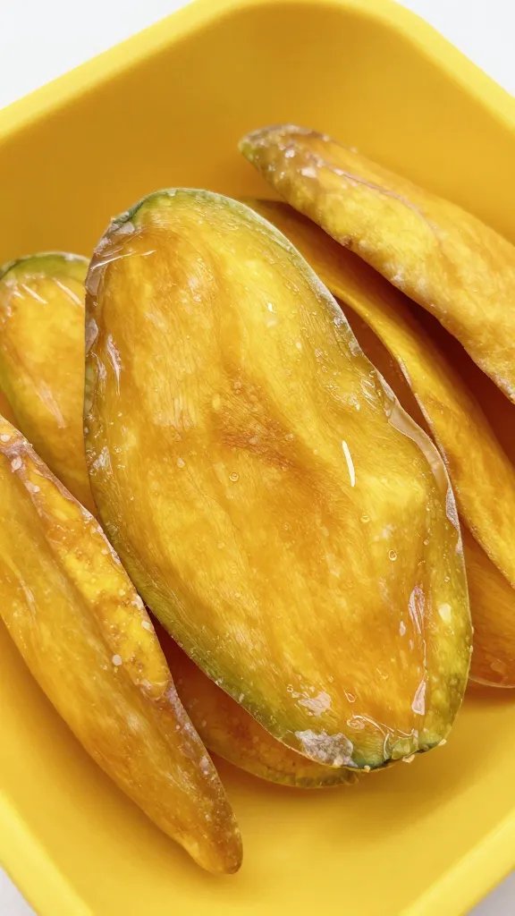 closeup of dried mango slices in yellow silicone liner