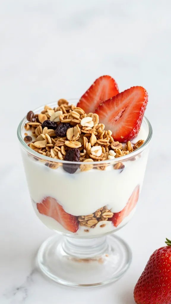 single mini yogurt parfait topped with granola and strawberry