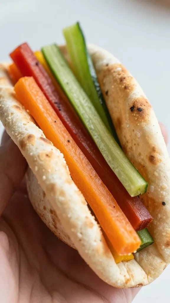whole-grain pita pocket stuffed with colorful veggie sticks, closeup
