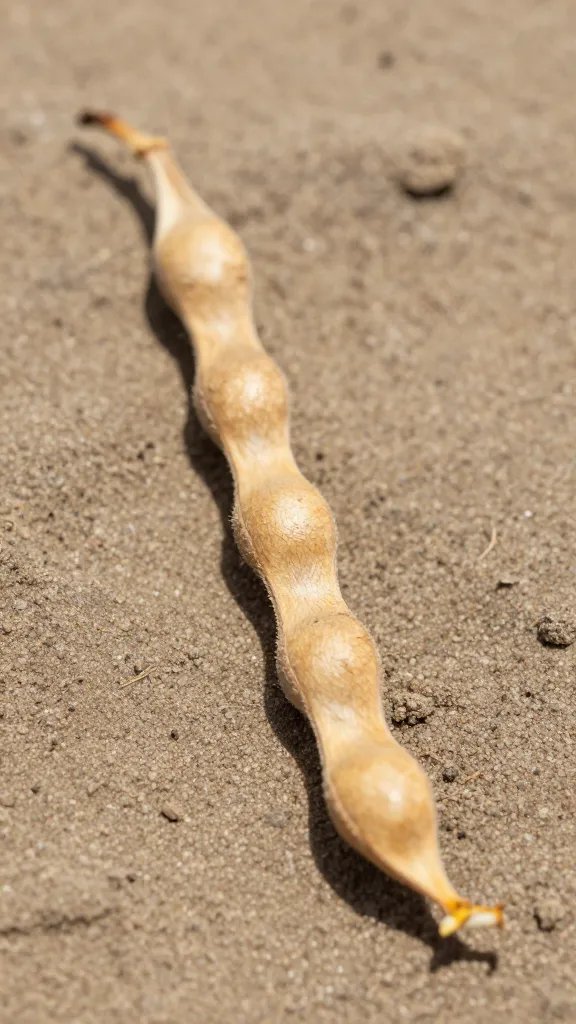 single dry tepary bean pod on sandy soil, macro