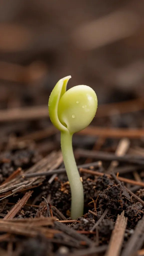 single tepary bean sprout emerging from mulch, macro