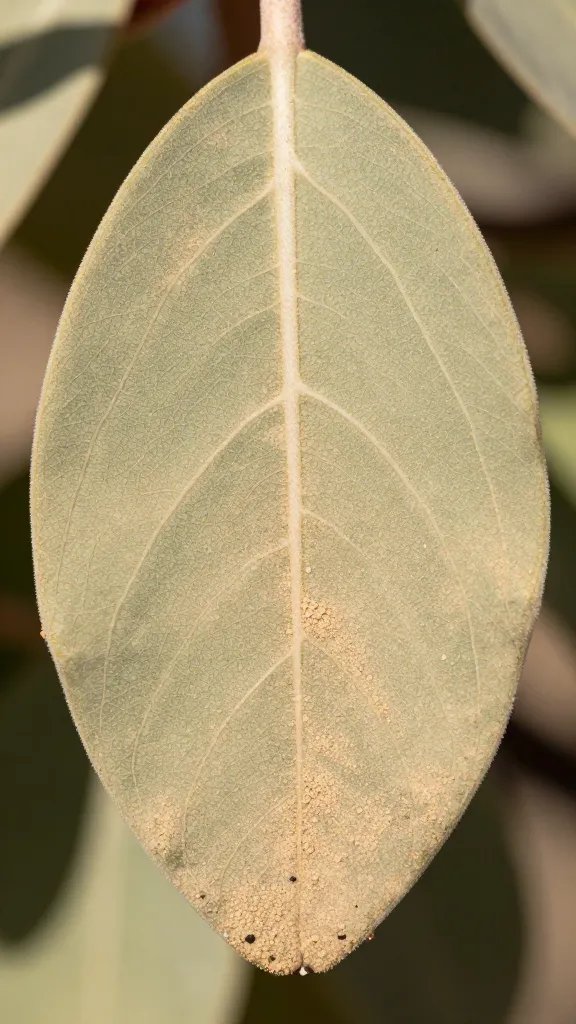 waxy tepary leaf with desert dust, macro detail