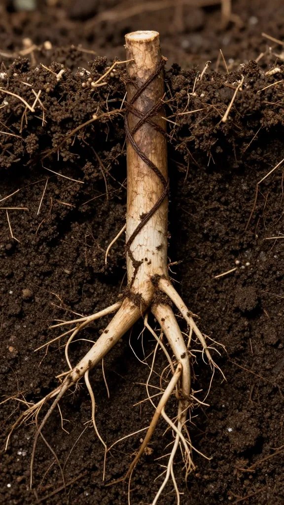 tepary root crown at soil line, side-lit macro