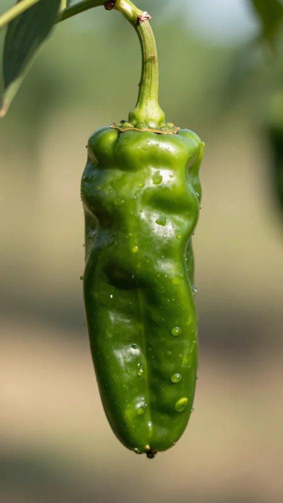 single cayenne pepper hanging, harsh afternoon light