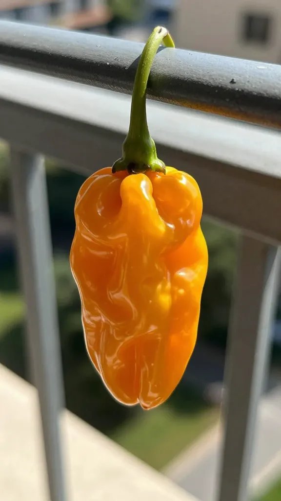 single habanero pod, glossy, sunlit balcony railing