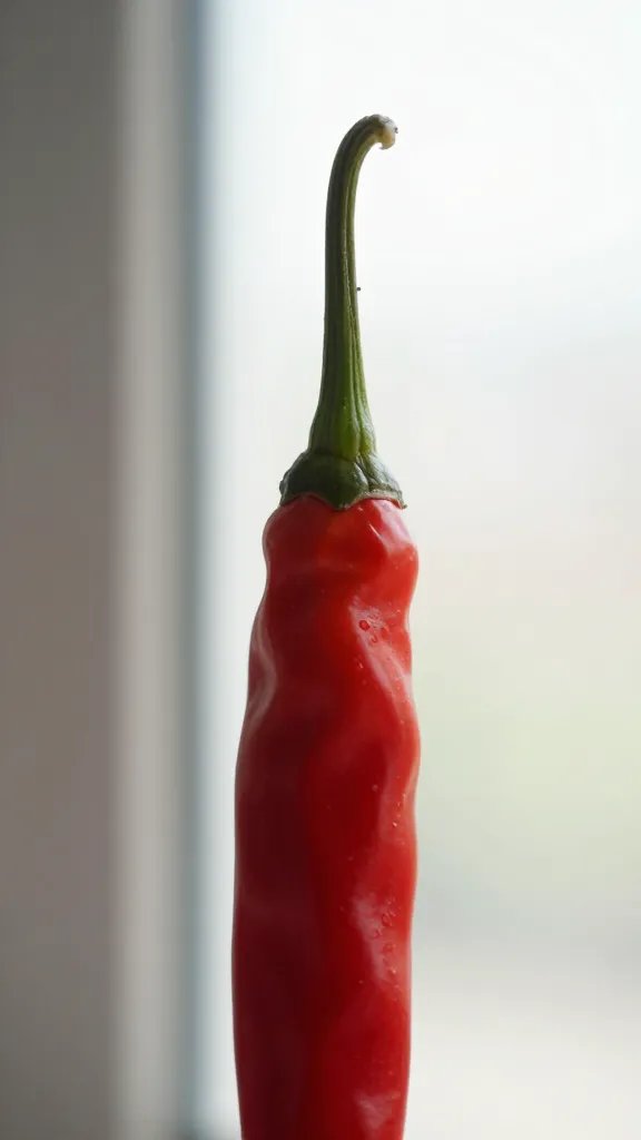 closeup thai chili pointing upward, bright window light