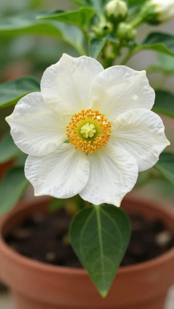single potted pepper flower, sunlit pollen detail