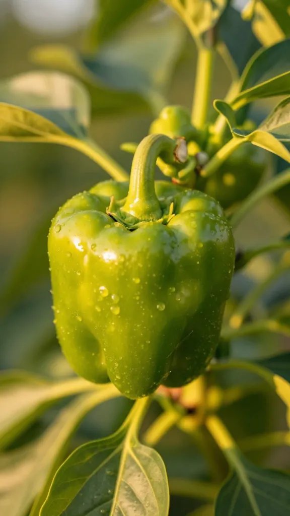 closeup pepper node with new fruit set, golden hour
