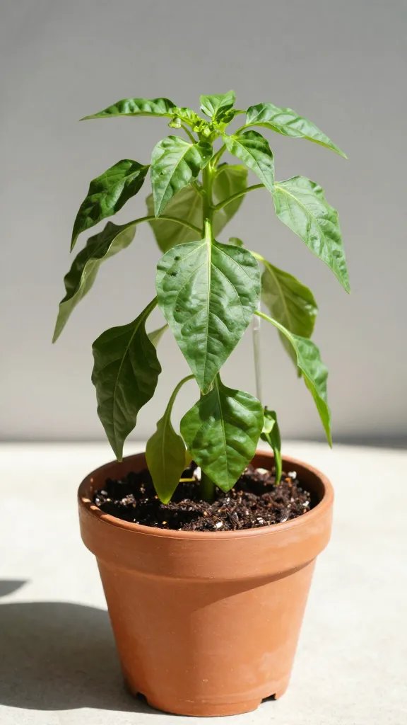 single pepper plant in 5-gallon pot, direct noon sun