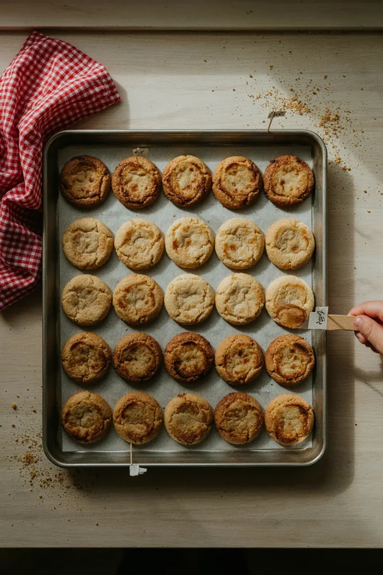 Three rows of cookies baked with baking soda, baking powder and both, showing different spread and color