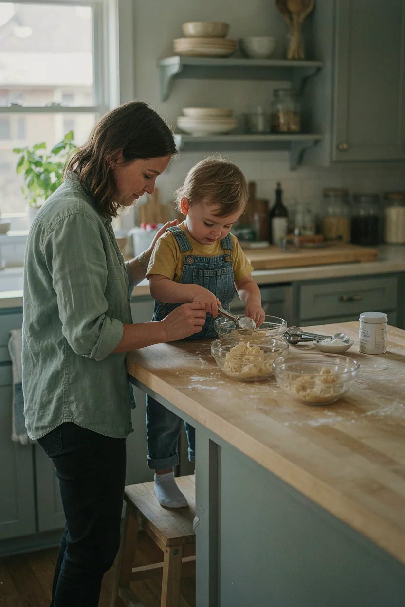 Child dividing cookie dough into three bowls for a baking soda and baking powder test
