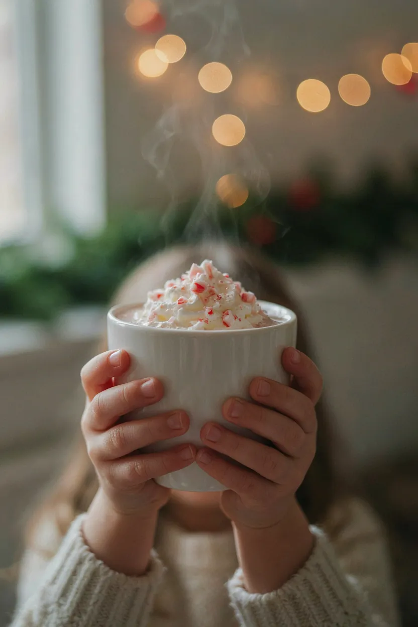 Kid holding a mug of peppermint hot cocoa topped with crushed candy cane