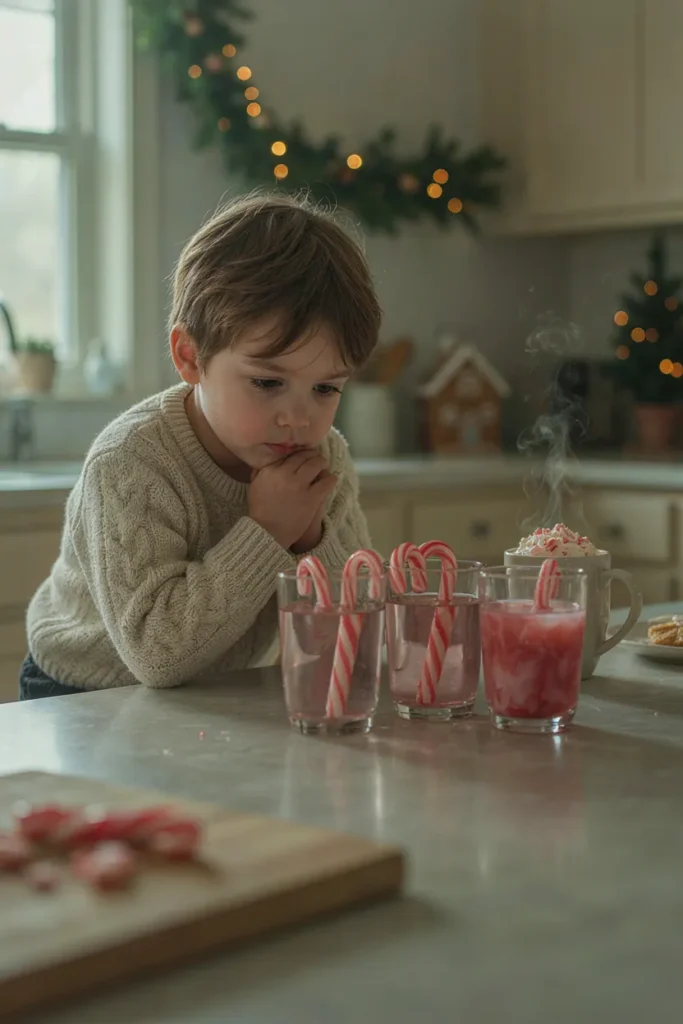 Child watching candy canes dissolve in three glasses of water next to a mug of peppermint hot cocoa