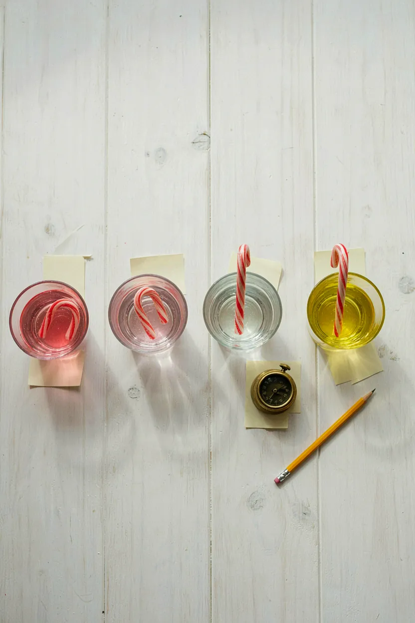 Four glasses of liquid with candy canes dissolving at different speeds for a kids science experiment