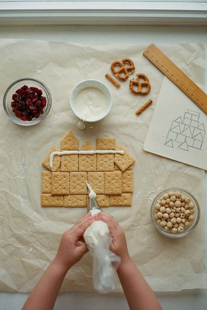 Child building a graham cracker house with icing, triangles and pretzel supports