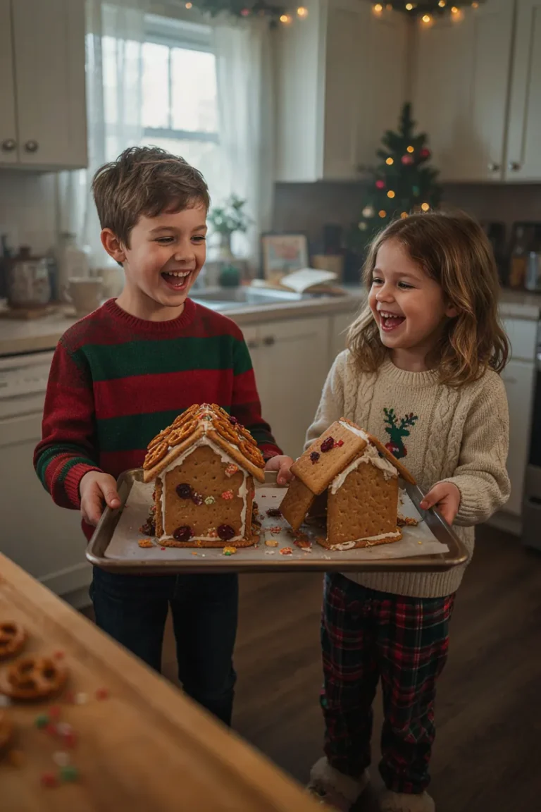 Kids testing graham cracker gingerbread houses on a baking tray for a STEM earthquake challenge