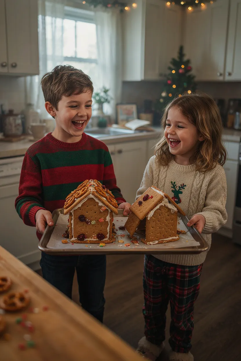 Kids testing graham cracker gingerbread houses on a baking tray for a STEM earthquake challenge