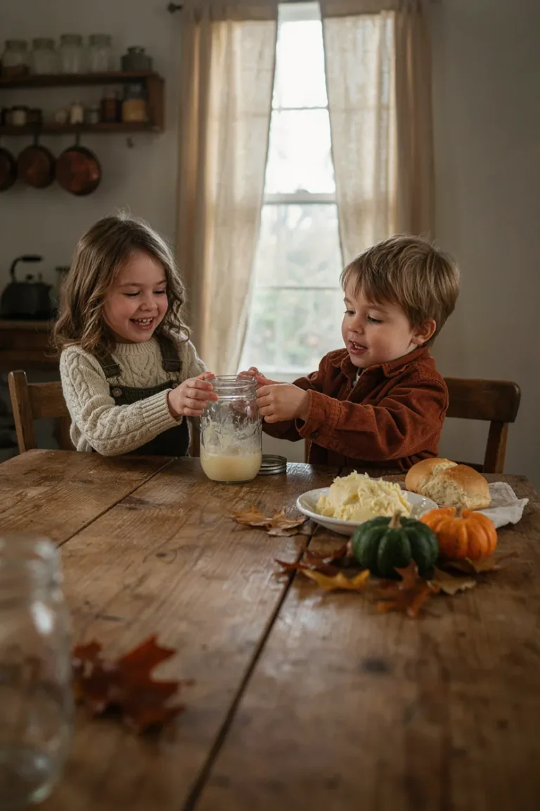 Kids shaking a jar of cream to make homemade butter for Thanksgiving