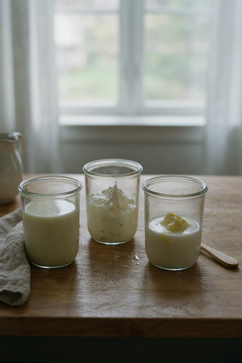 Three jars showing cream, whipped cream, and butter with buttermilk