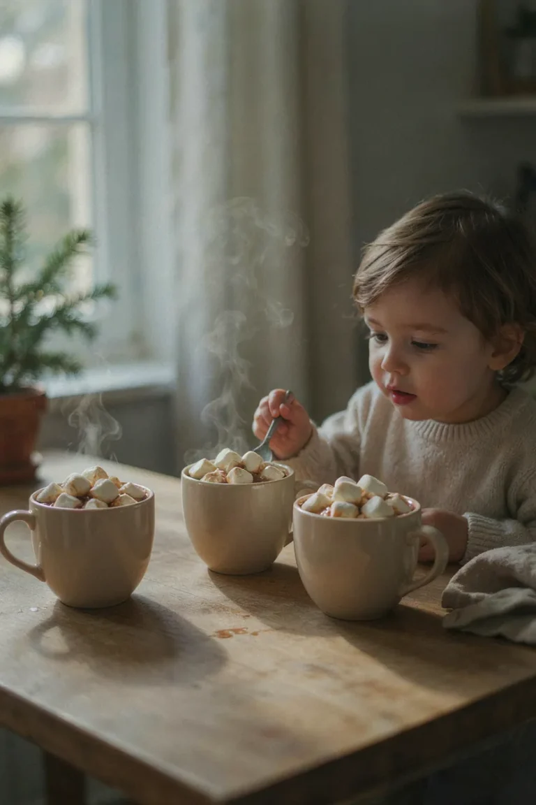 Child comparing marshmallows floating and melting in three mugs of hot cocoa