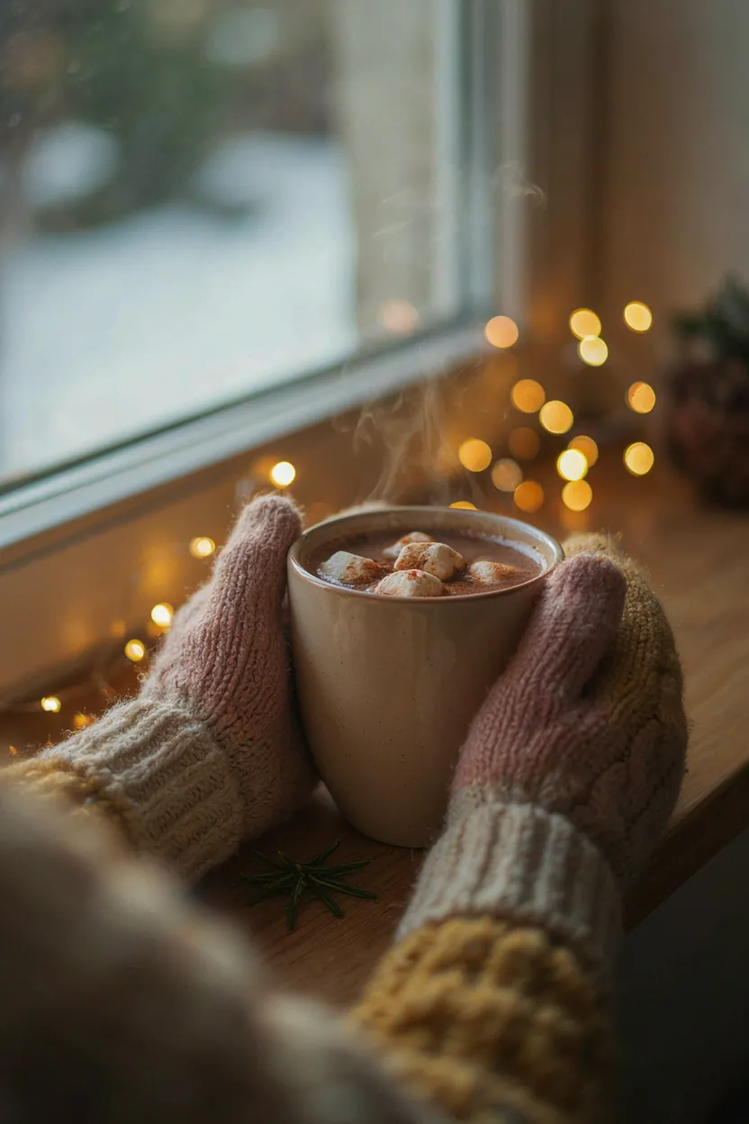 Mug of hot cocoa with mini marshmallows held in mittened hands
