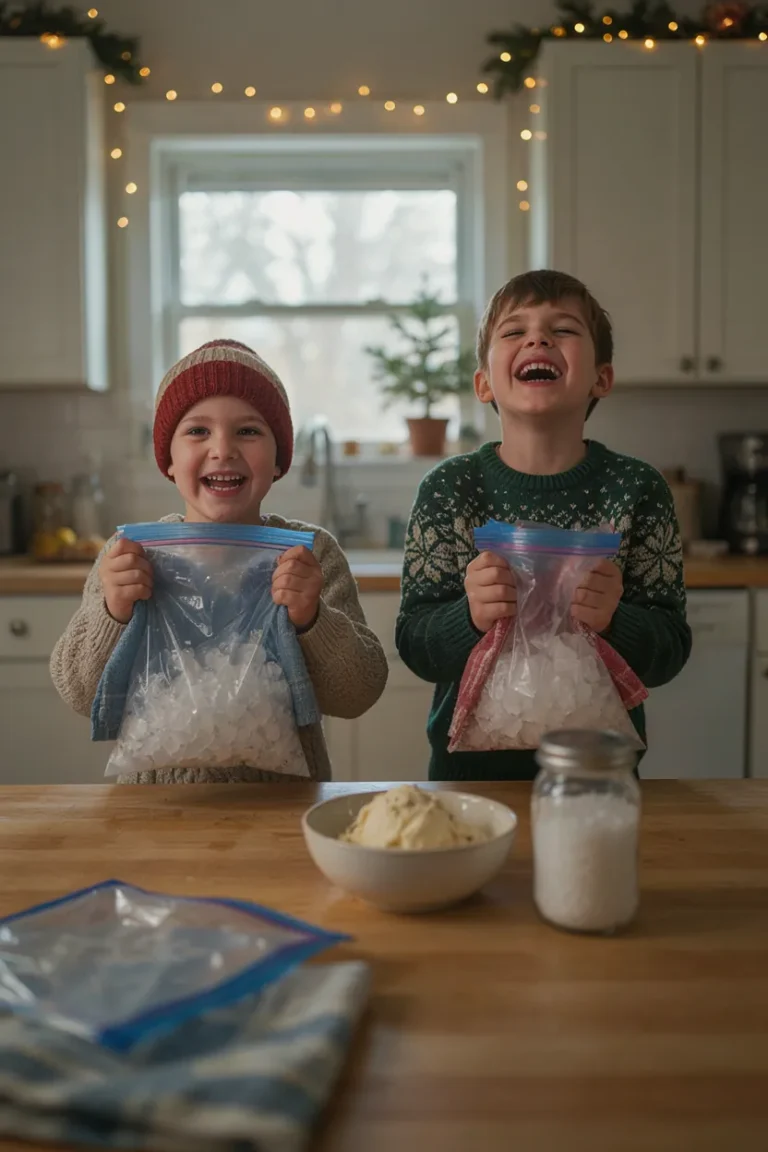 Kids shaking bags of ice and salt to make ice cream in a bag