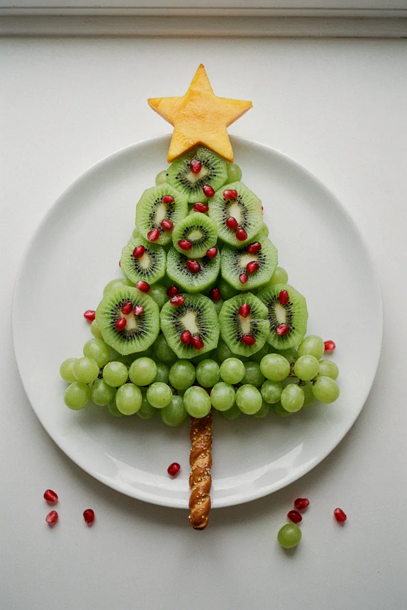 Fruit Christmas tree platter made from grapes, kiwi and pomegranate