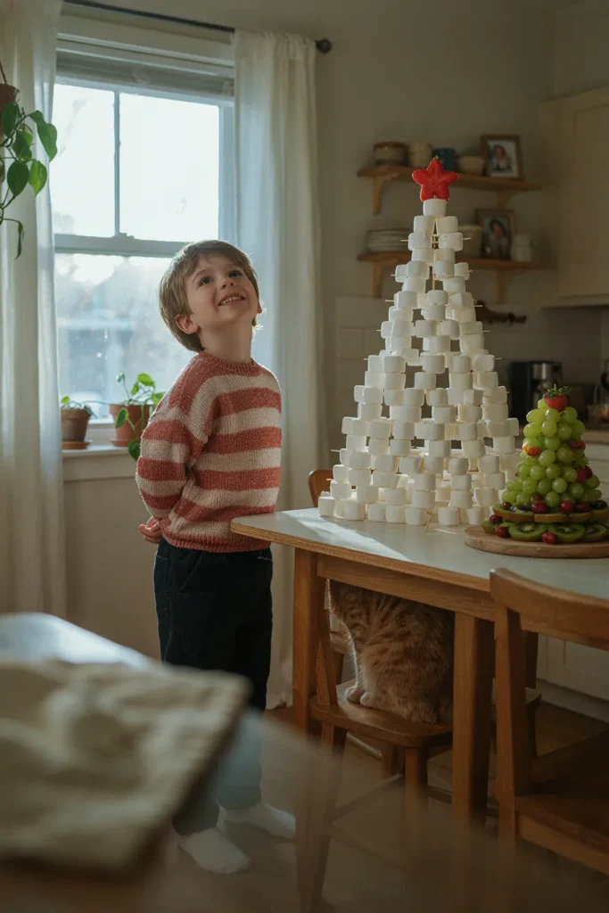 Child with a marshmallow and toothpick Christmas tree and a fruit Christmas tree platter