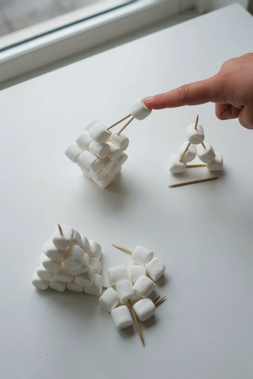 Marshmallow and toothpick square, triangle and pyramid shapes
