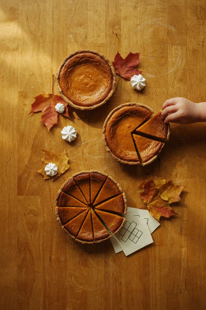 Pumpkin pies cut into halves, quarters and eighths for a fractions lesson