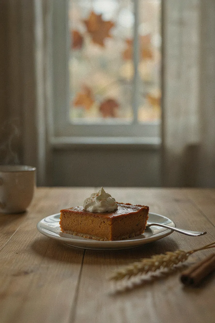 Slice of crustless pumpkin pie with whipped cream