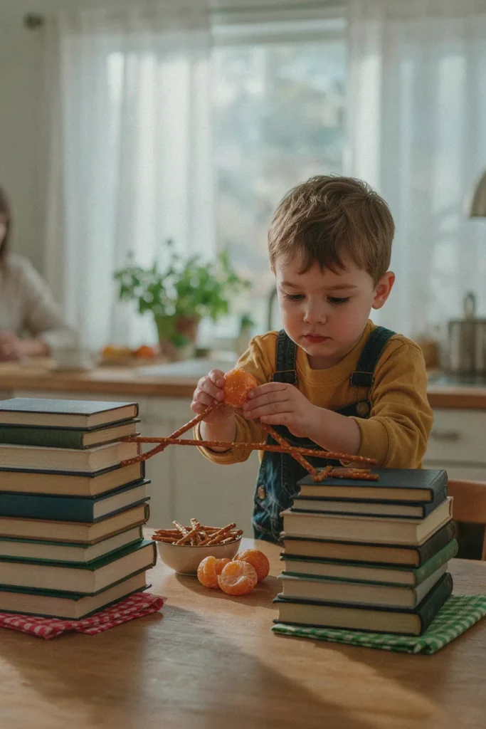 Child loading a pretzel rod bridge with clementines in a STEM challenge