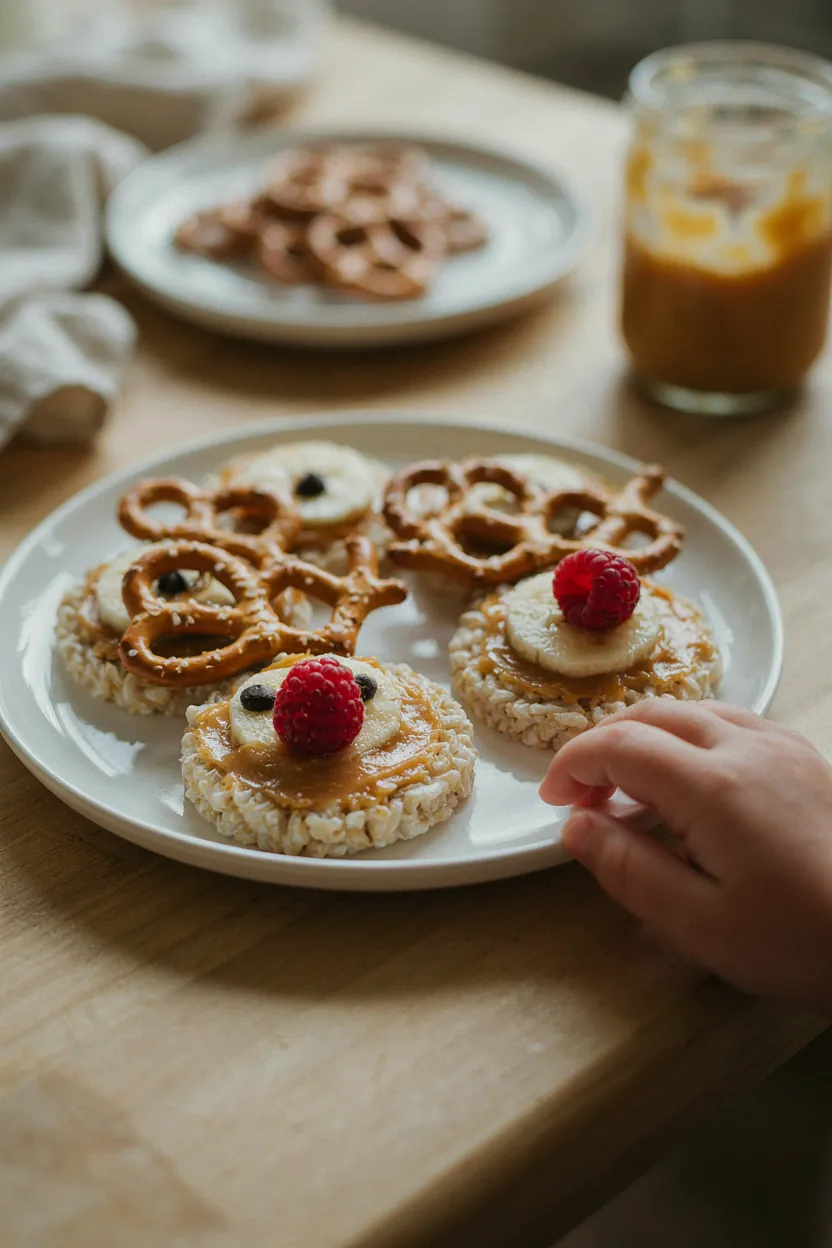 Reindeer rice cakes with pretzel antlers and raspberry noses