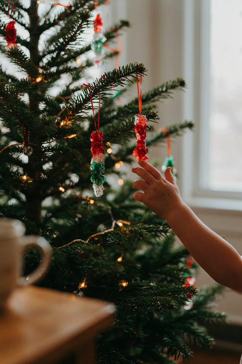 Homemade rock candy crystal ornaments hanging on a Christmas tree